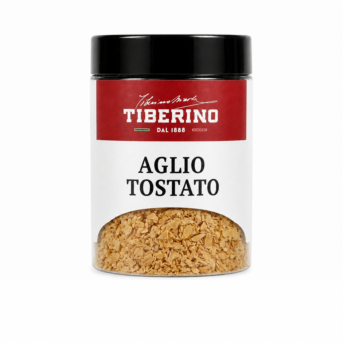 Barattolo trasparente Tiberino 1888 di aglio essiccato in granuli con etichetta rossa e bianca