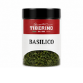 Barattolo trasparente di Basilico Liofilizzato Tiberino 1888 con etichetta rossa e beige
