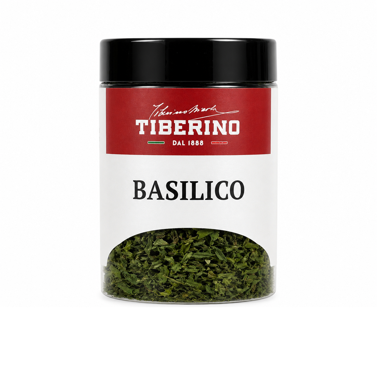 Barattolo trasparente di Basilico Liofilizzato Tiberino 1888 con etichetta rossa e beige