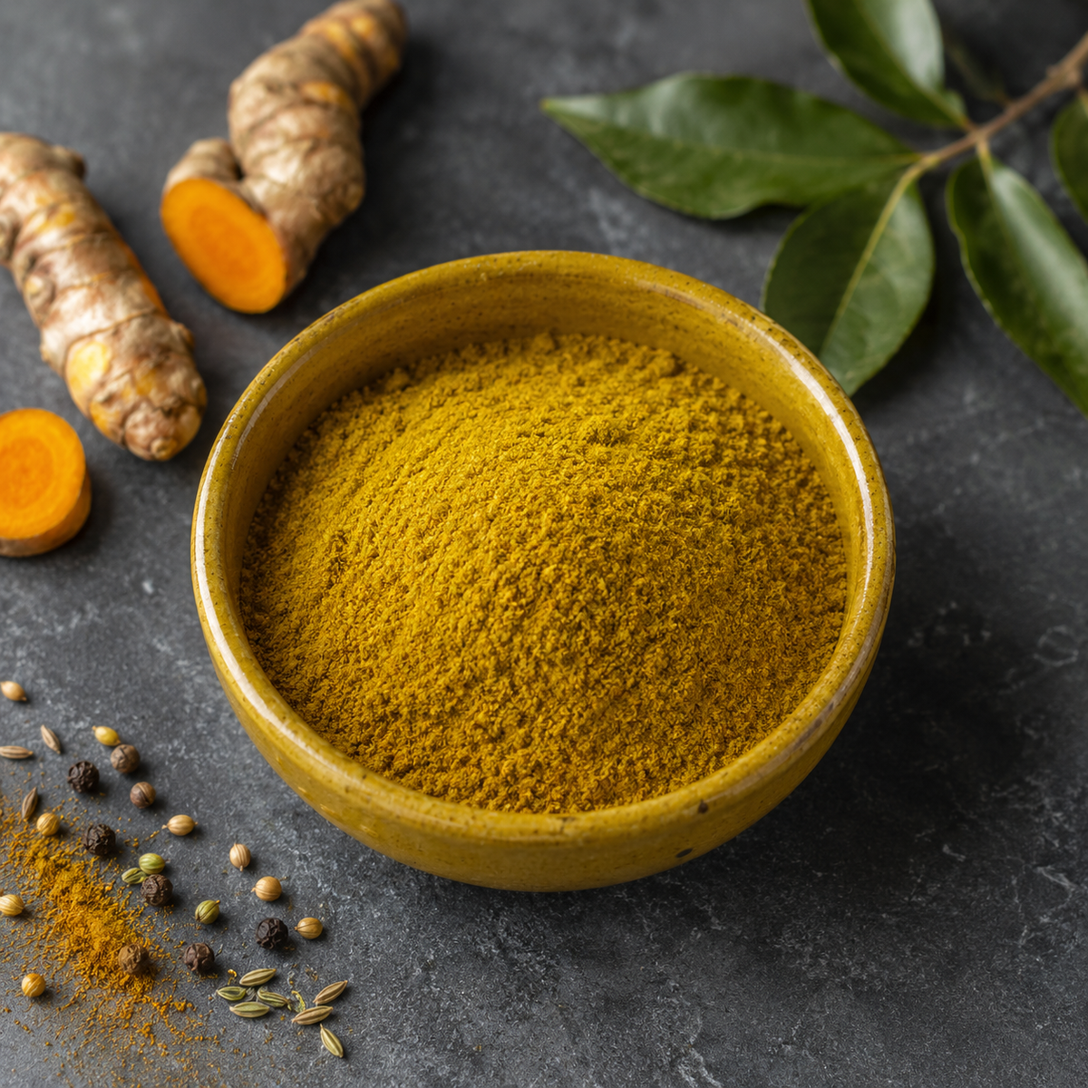 Ciotola gialla su piano nero con spezie e Curry non piccante da 40g, con polvere gialla, cucchiaio di legno, zenzero, aglio e peperoncino.