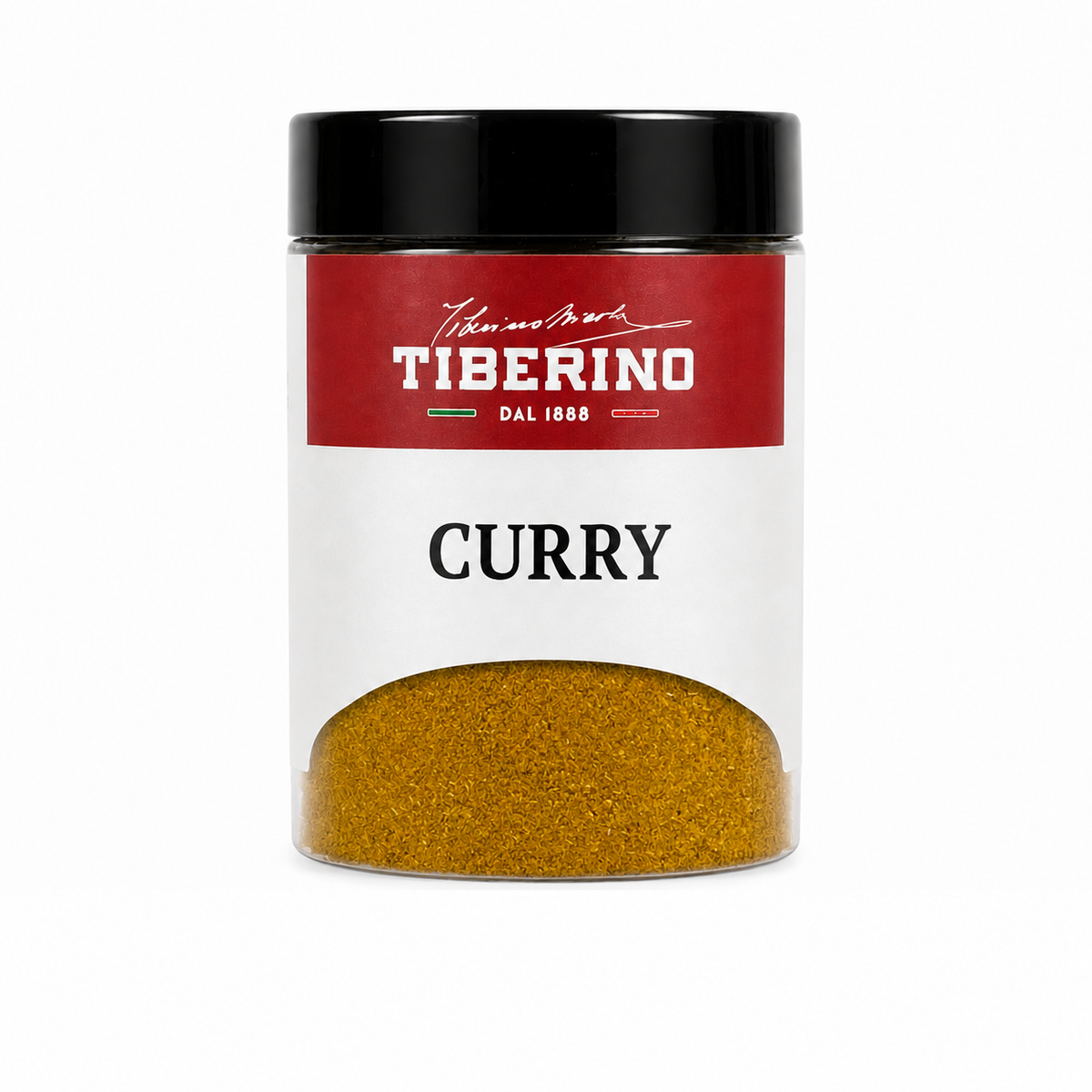 Barattolo trasparente Tiberino 1888 Curry non piccante da 40g, con polvere gialla, cucchiaio di legno, zenzero, aglio e peperoncino.