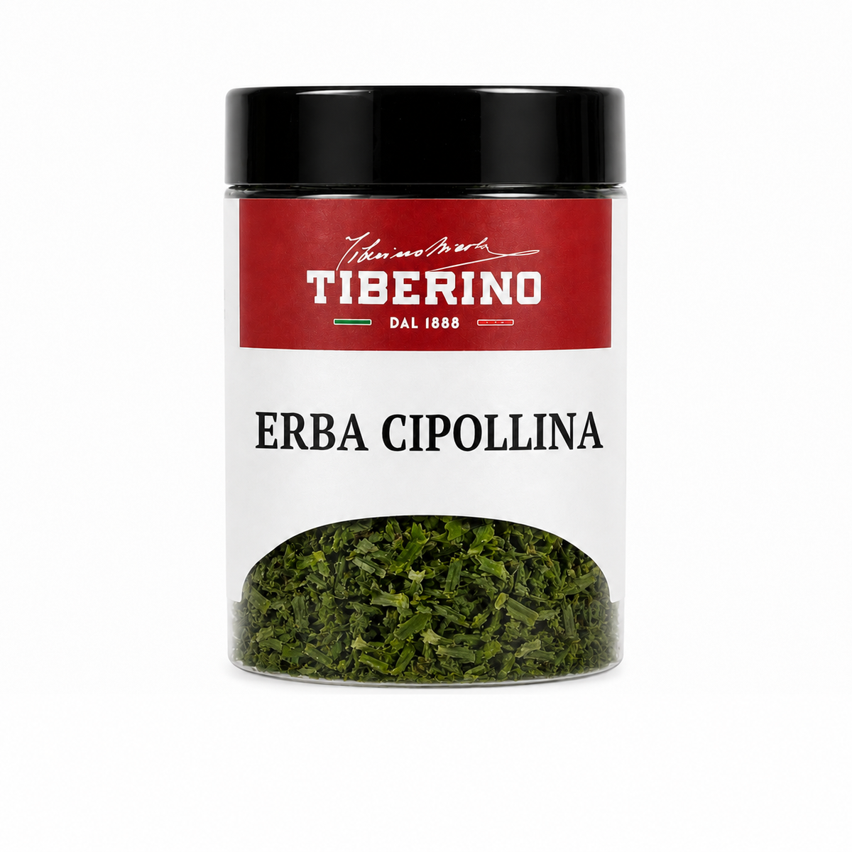 Barattolo trasparente Tiberino 1888 di erba cipollina essiccata CON ETICHETTA BIANCA E ROSSA