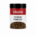 Barattolo trasparente di funghi porcini Tiberino 1888 da 30g, con etichetta rossa e nera