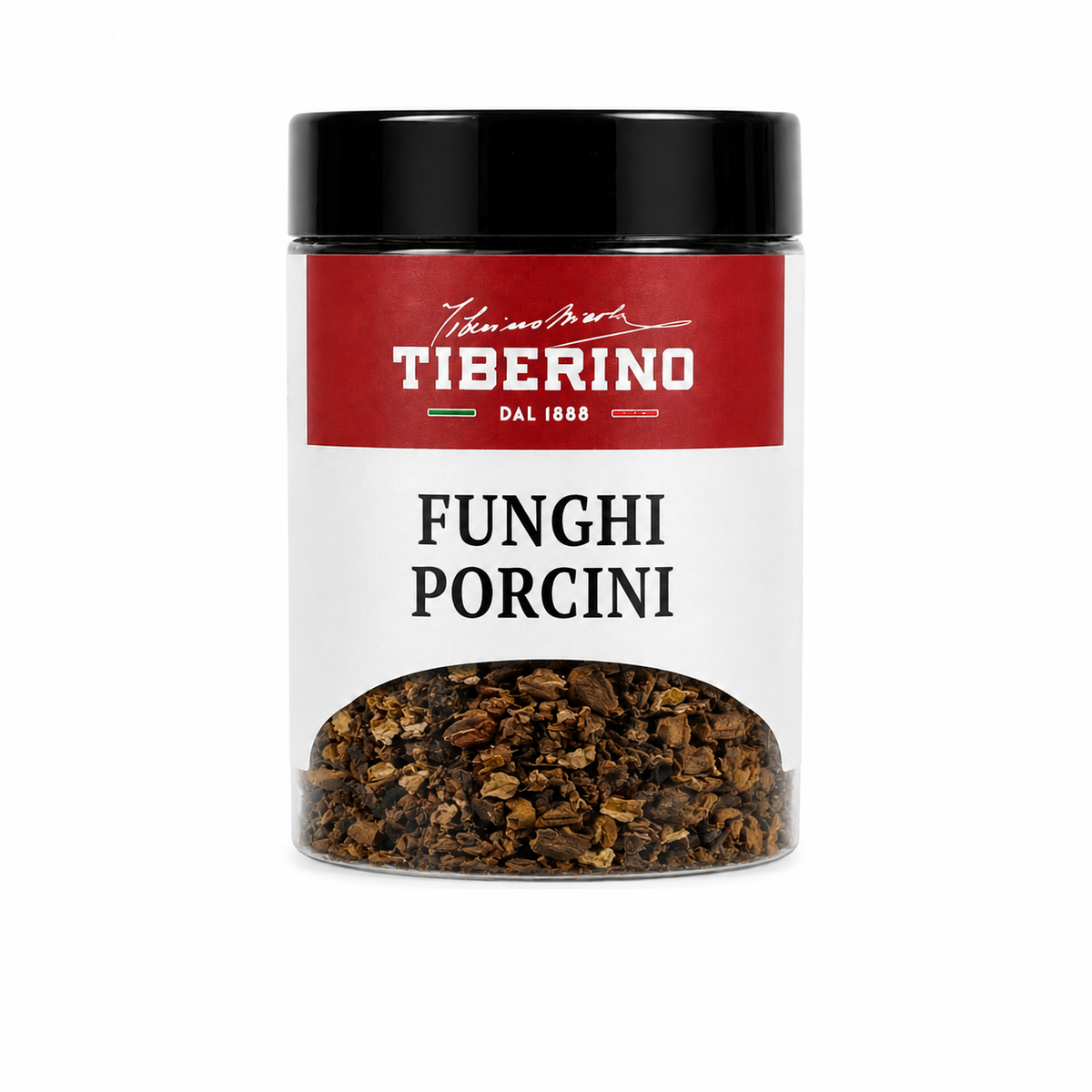 Barattolo trasparente di funghi porcini Tiberino 1888 da 30g, con etichetta rossa e nera
