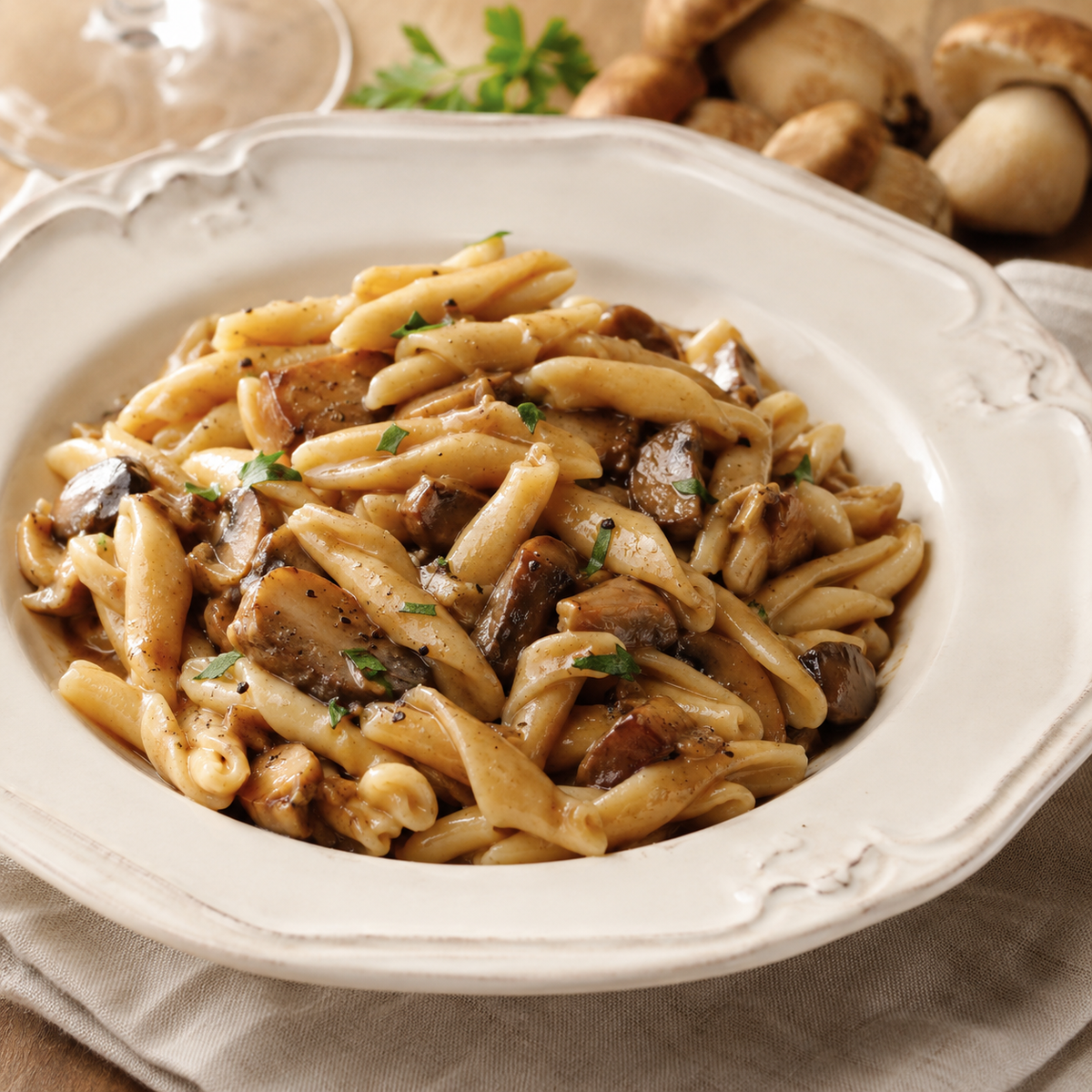 PIATTO BIANCO DI FUSILLI CON FUNGHI SU TOVAGLIOLO BEIGE