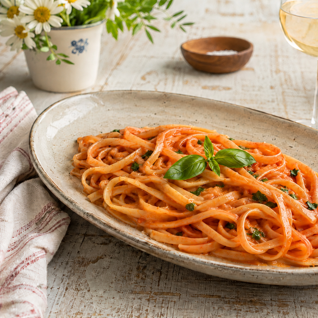 piatto ovale di linguine al pomodoro su tavola di legno con calice di vino bianco