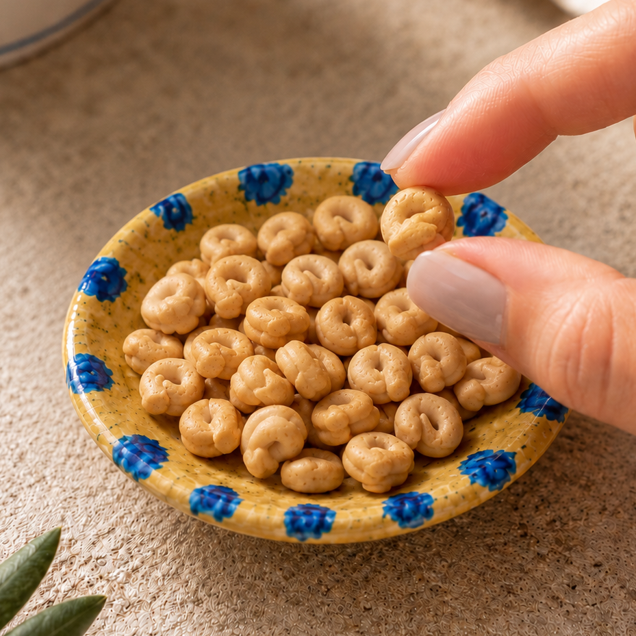 mini tarallini in un piattino giallo con decori azzurri su piano di pietra naturale.