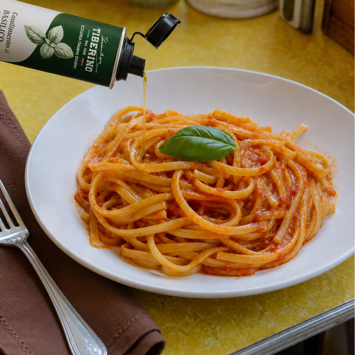 SPAGHETTI AL POMODORO CONDITI CON OLIO AL BASILICO