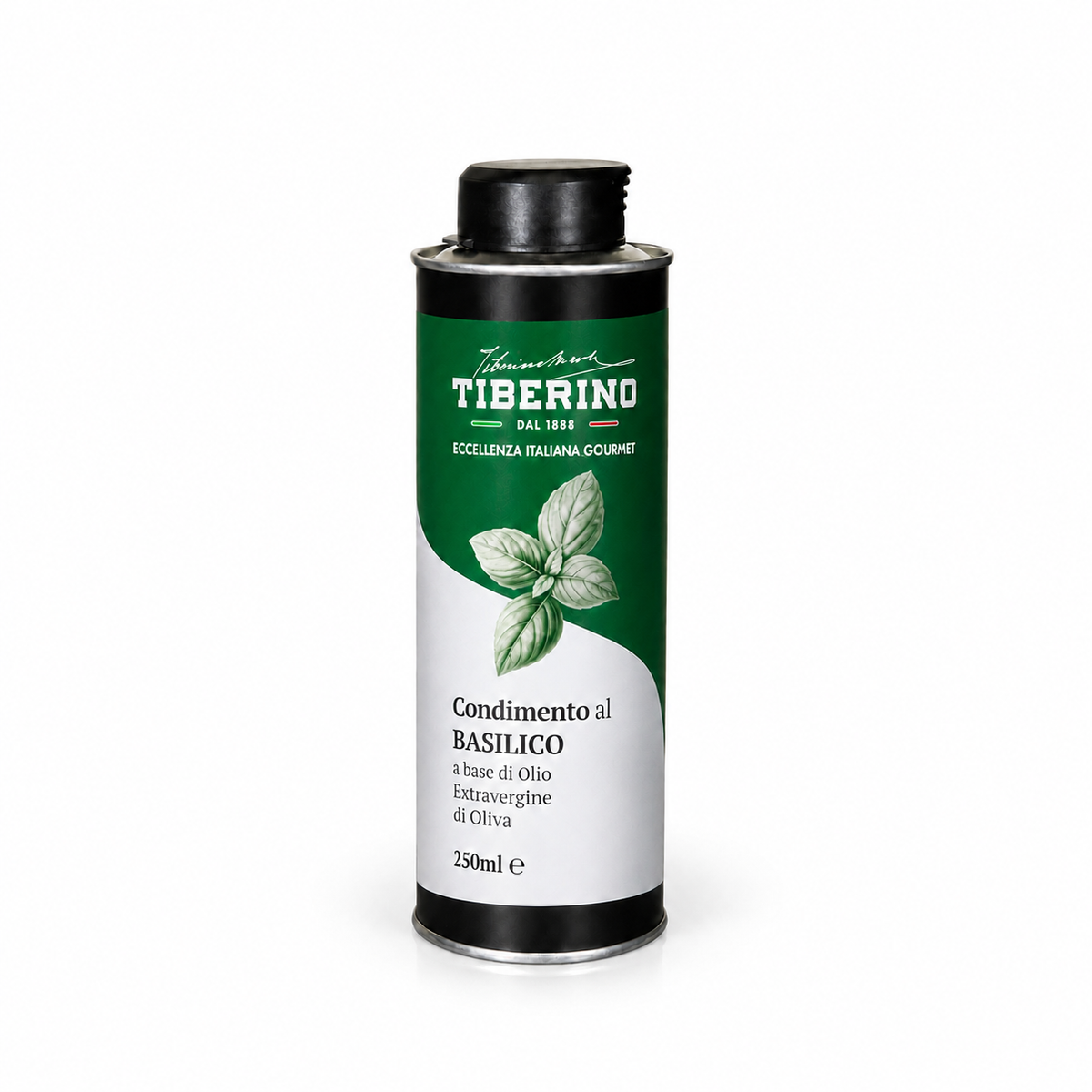 Lattina cilindrica nera da 250ml di Condimento al Basilico Tiberino 1888, etichetta verde e bianca con foglie di basilico.