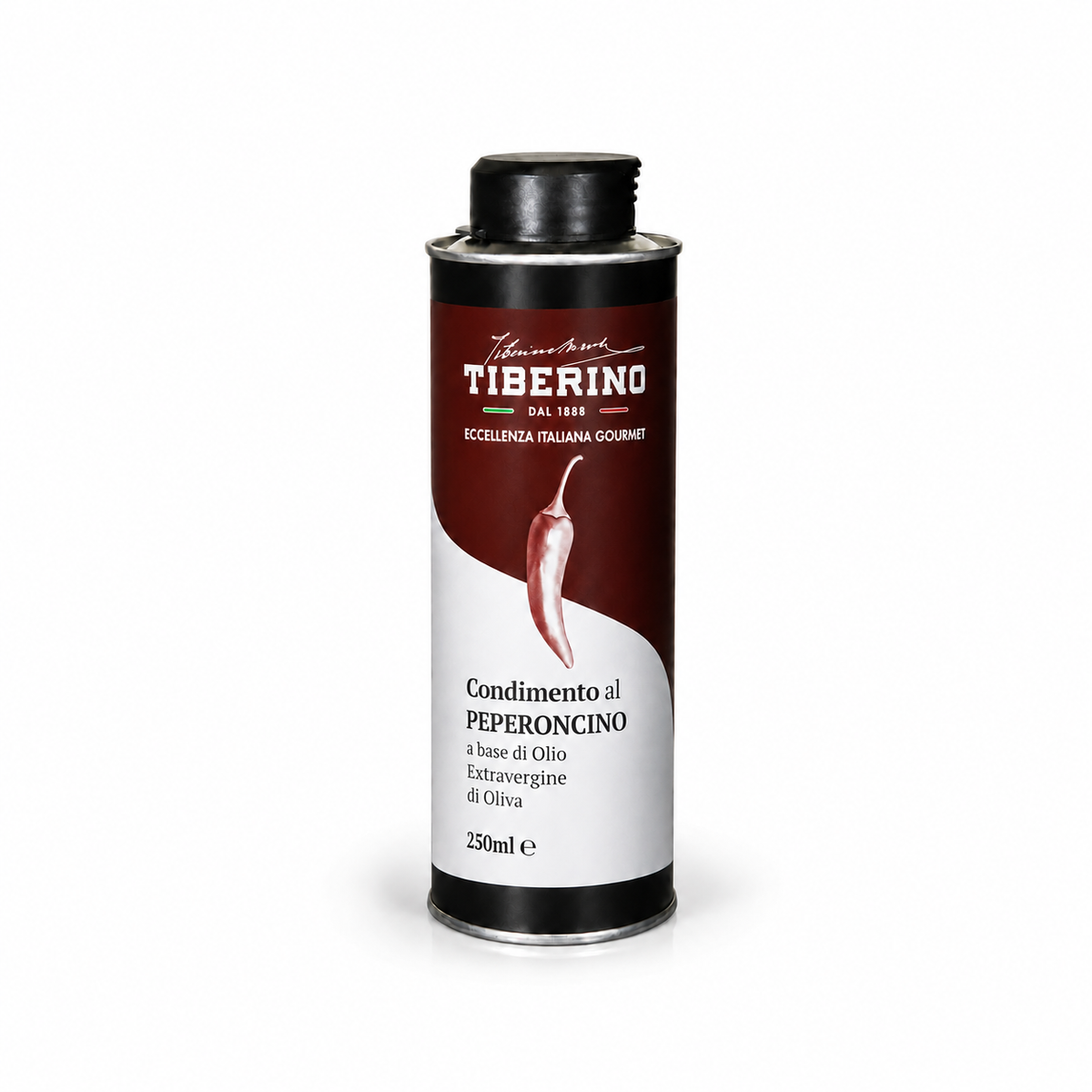 Lattina cilindrica nera da 250ml di Condimento al Peperoncino Tiberino 1888, con etichetta bordeaux e peperoncino rosso.