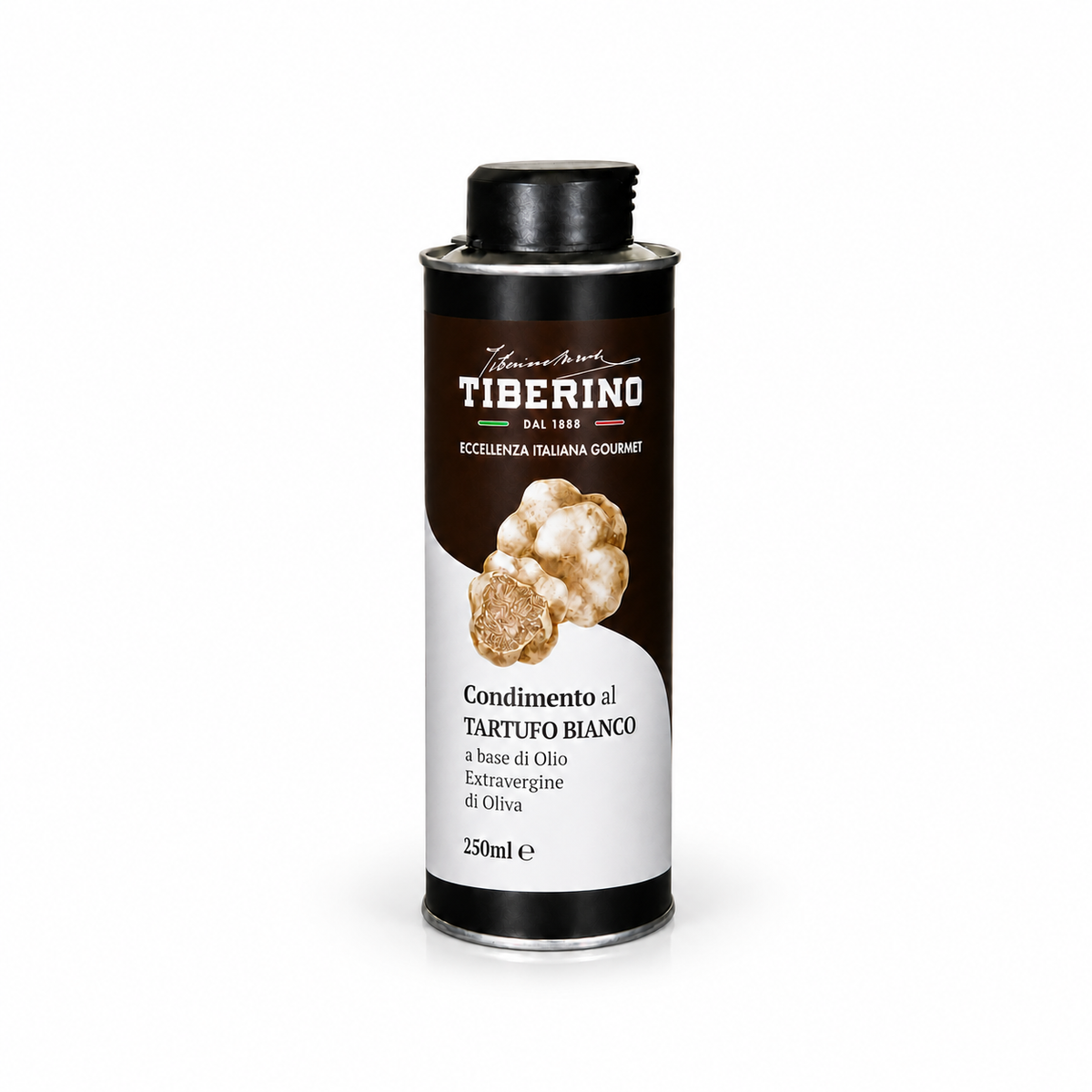 Lattina cilindrica nera da 250ml di Condimento al Tartufo Bianco Tiberino 1888 con tappo nero, etichetta bianca e illustrazione di tartufi bianchi.