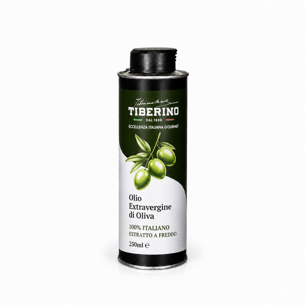 Lattina verde scuro di Olio Extra Vergine di Oliva Tiberino 1888 da 250ml con etichetta bianca e olive verdi.