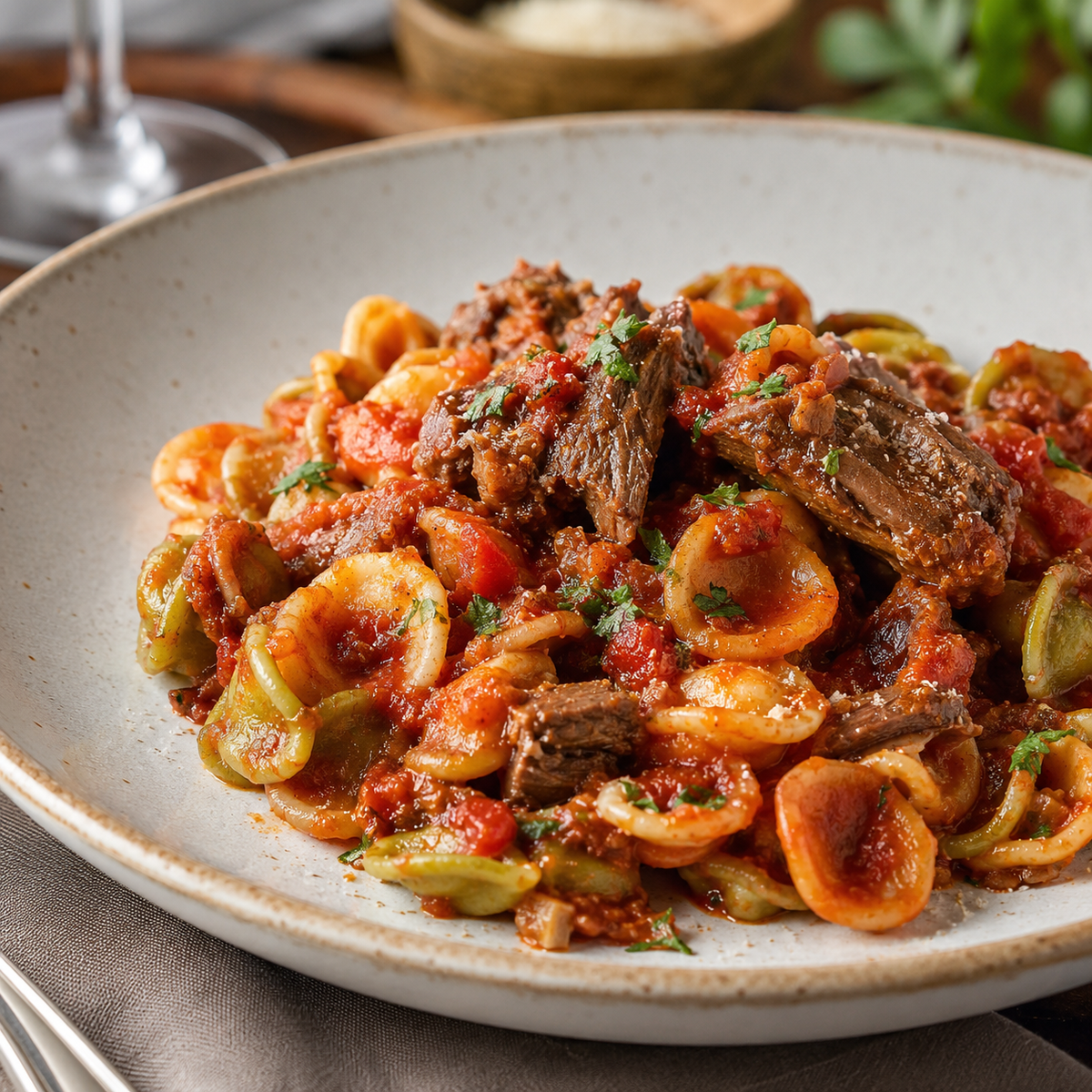 PIATTO DI ORECCHIETTE TRICOLORI CON SUGO ALLA CARNE IN PIATTO DI CERAMICA CHIARO