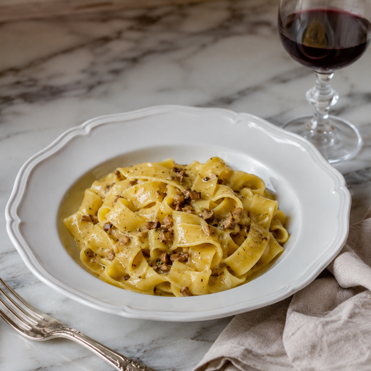 piatto di pappardelle ai funghi porcini su tavola di marmo con tovagliolo di lino e bicchiere di vino rosso