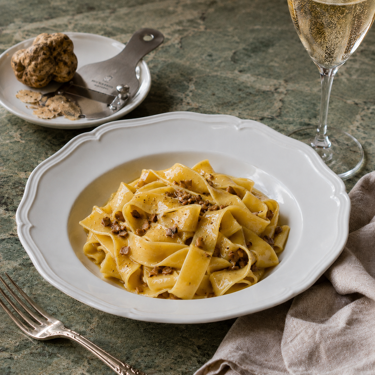 piatto di pappardelle all'uovo con porcini su tavola di granito verde, un calice di spumante e un tartufo bianco
