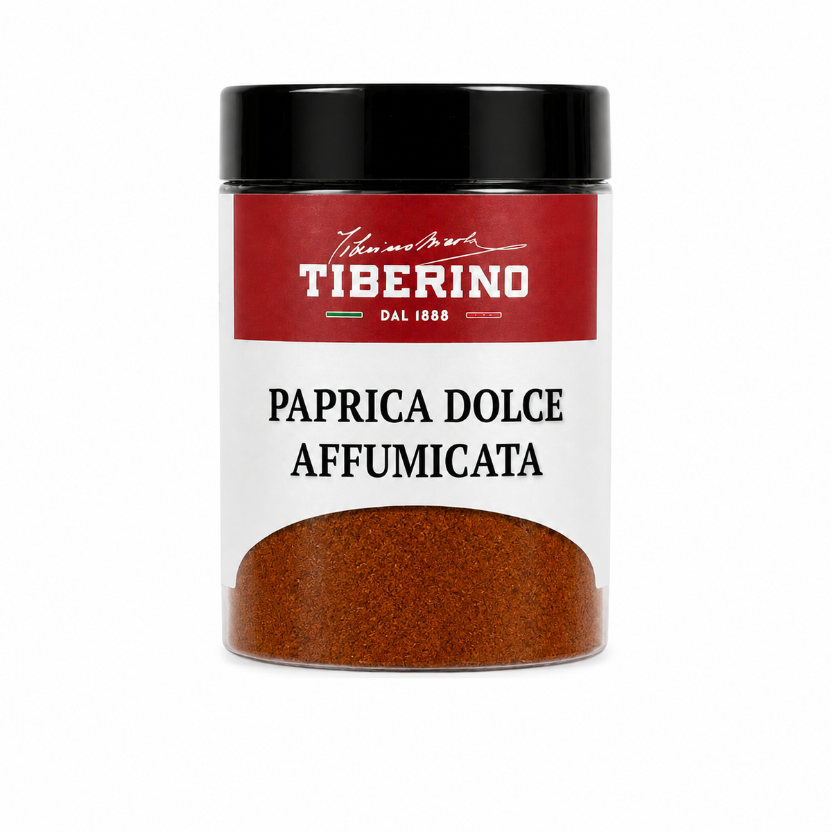 Barattolo trasparente Tiberino 1888 di paprika dolce affumicata su sfondo bianco