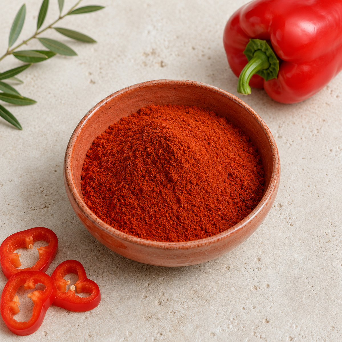 ciotola di terracotta su piano di pietra con paprika dolce affumicata, peperone rosso intero e a fette e rametto di ulivo