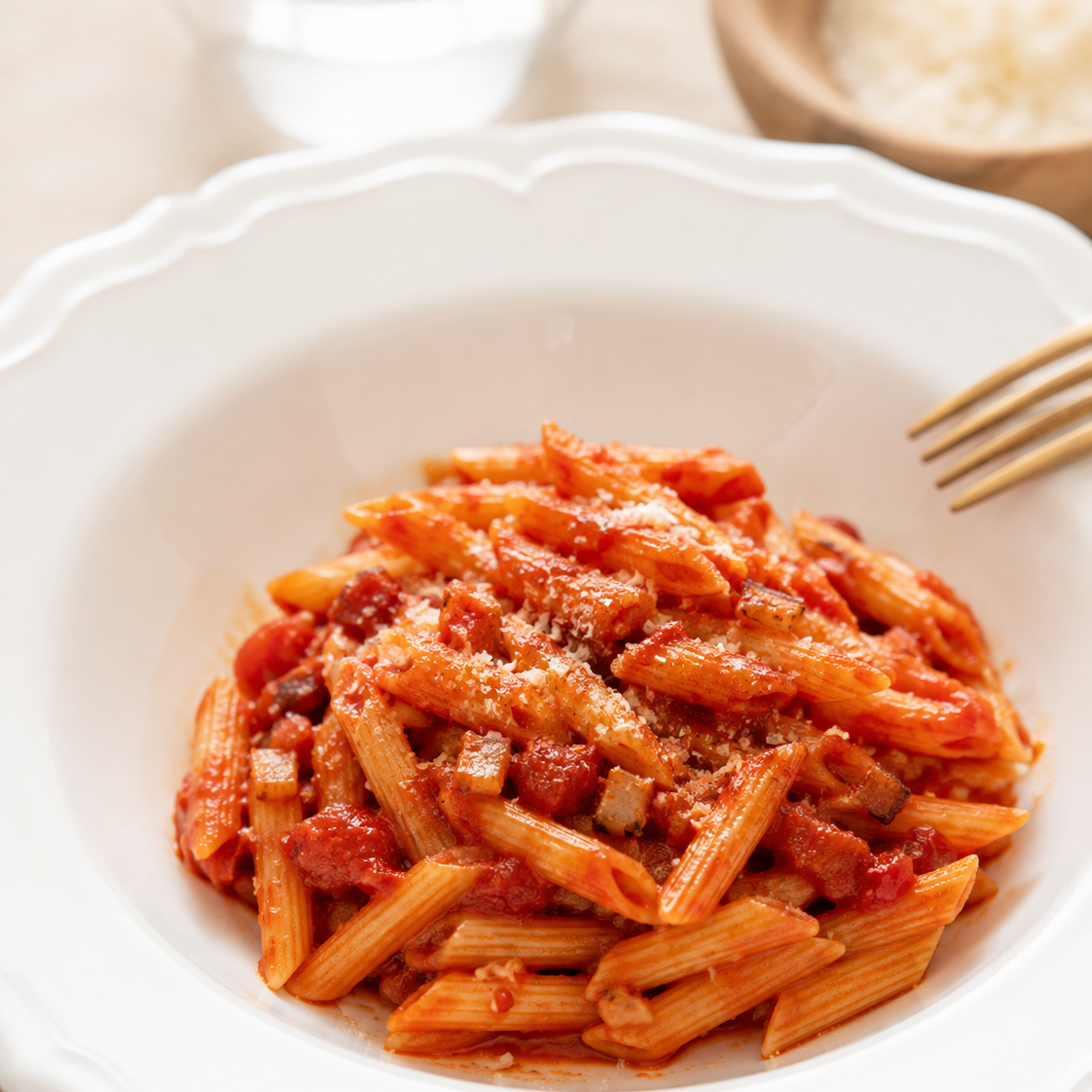 Pennette all'Amatriciana con salsa rossa, guanciale e pomodoro, guarnite con basilico fresco e rosmarino.
