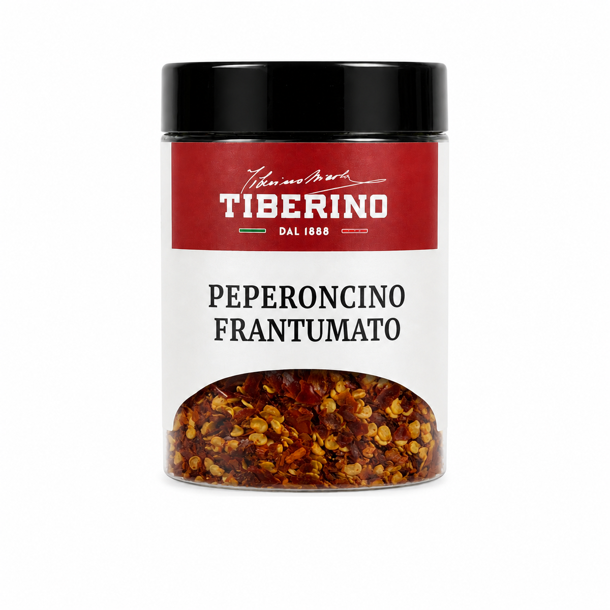 Barattolo trasparente di Peperoncino Frantumato Tiberino 1888 da 30g, con etichetta rossa e nera
