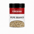 Barattolo trasparente Tiberino 1888 con pepe bianco in grani, tappo nero, etichetta rossa e beige