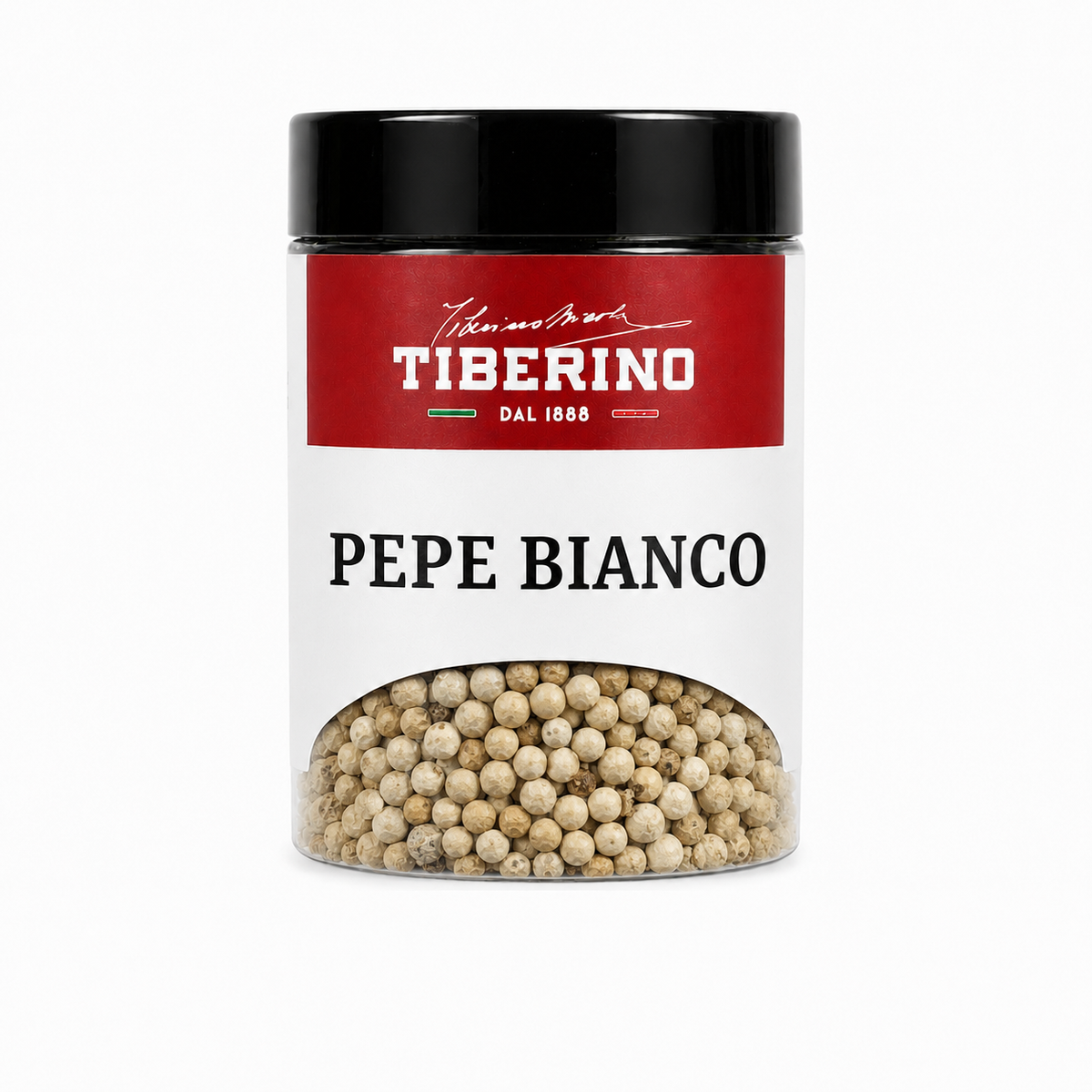 Barattolo trasparente Tiberino 1888 con pepe bianco in grani, tappo nero, etichetta rossa e beige
