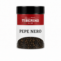 Barattolo trasparente Tiberino 1888 con pepe nero in grani, tappo nero, etichetta rossa e beige