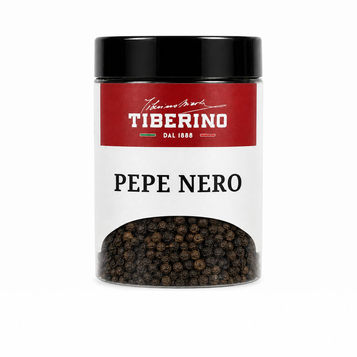 Barattolo trasparente Tiberino 1888 con pepe nero in grani, tappo nero, etichetta rossa e beige