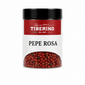 Barattolo trasparente Tiberino 1888 con pepe rosa in grani, tappo nero, etichetta rossa e beige