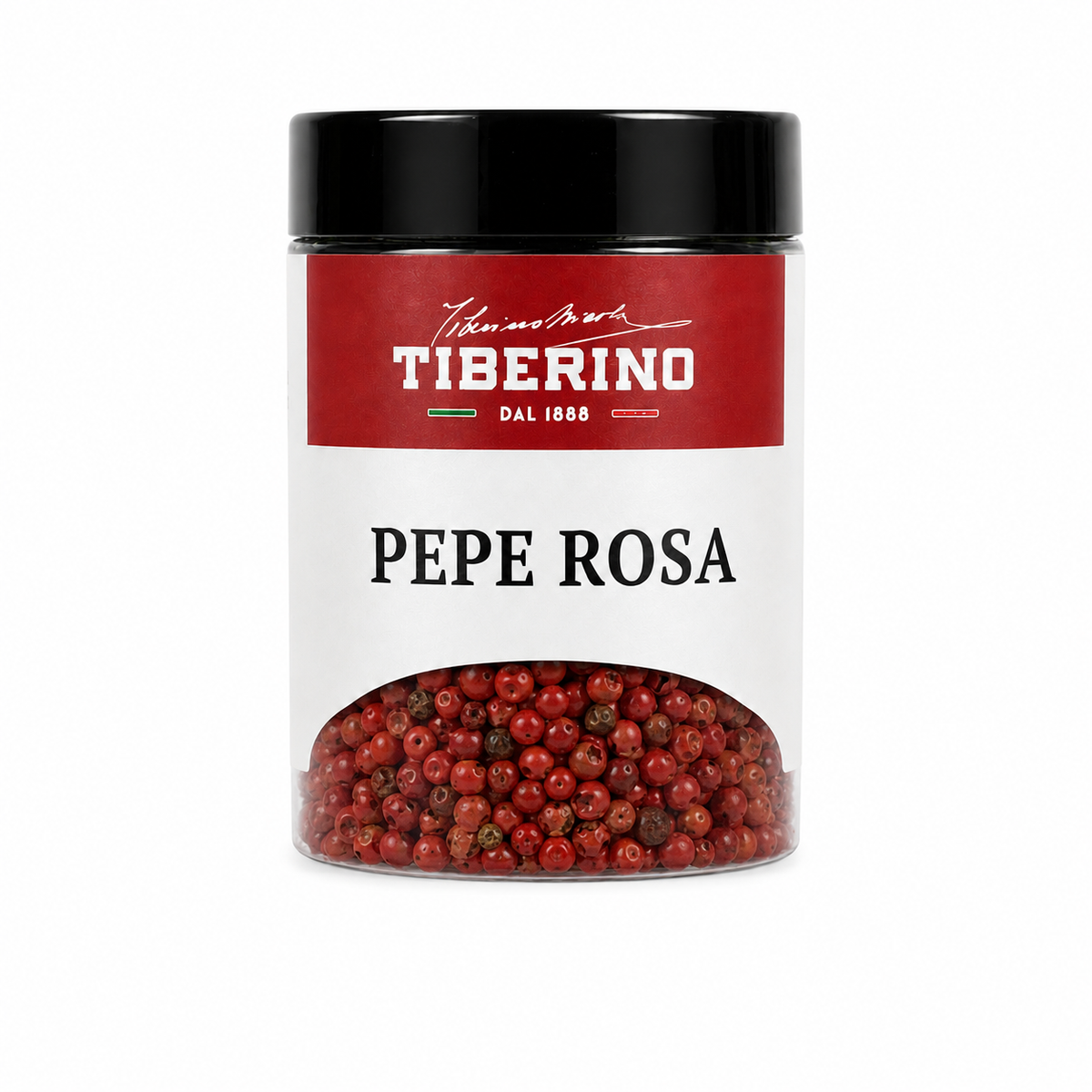 Barattolo trasparente Tiberino 1888 con pepe rosa in grani, tappo nero, etichetta rossa e beige