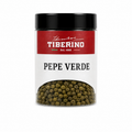 Barattolo trasparente Tiberino 1888 con pepe verde in grani, tappo nero, etichetta rossa e beige