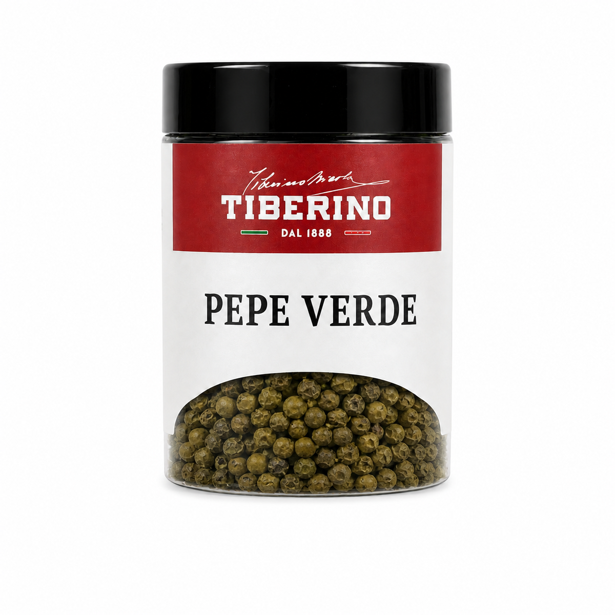 Barattolo trasparente Tiberino 1888 con pepe verde in grani, tappo nero, etichetta rossa e beige