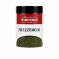 Barattolo trasparente Tiberino 1888 con prezzemolo secco verde, tappo nero, etichetta rossa e beige