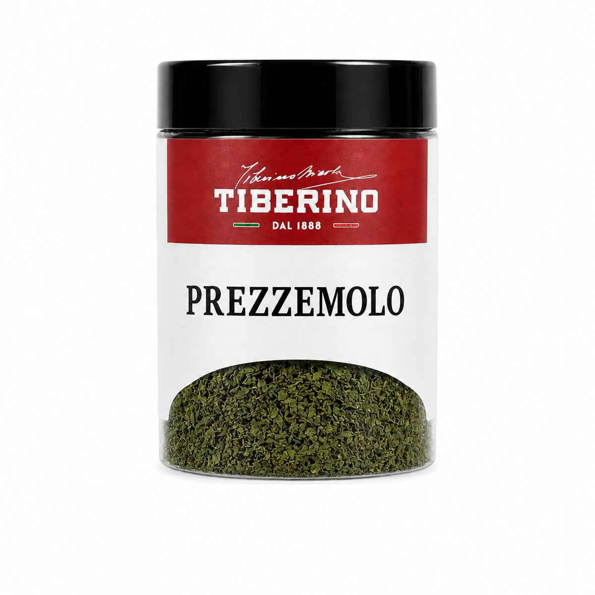 Barattolo trasparente Tiberino 1888 con prezzemolo secco verde, tappo nero, etichetta rossa e beige