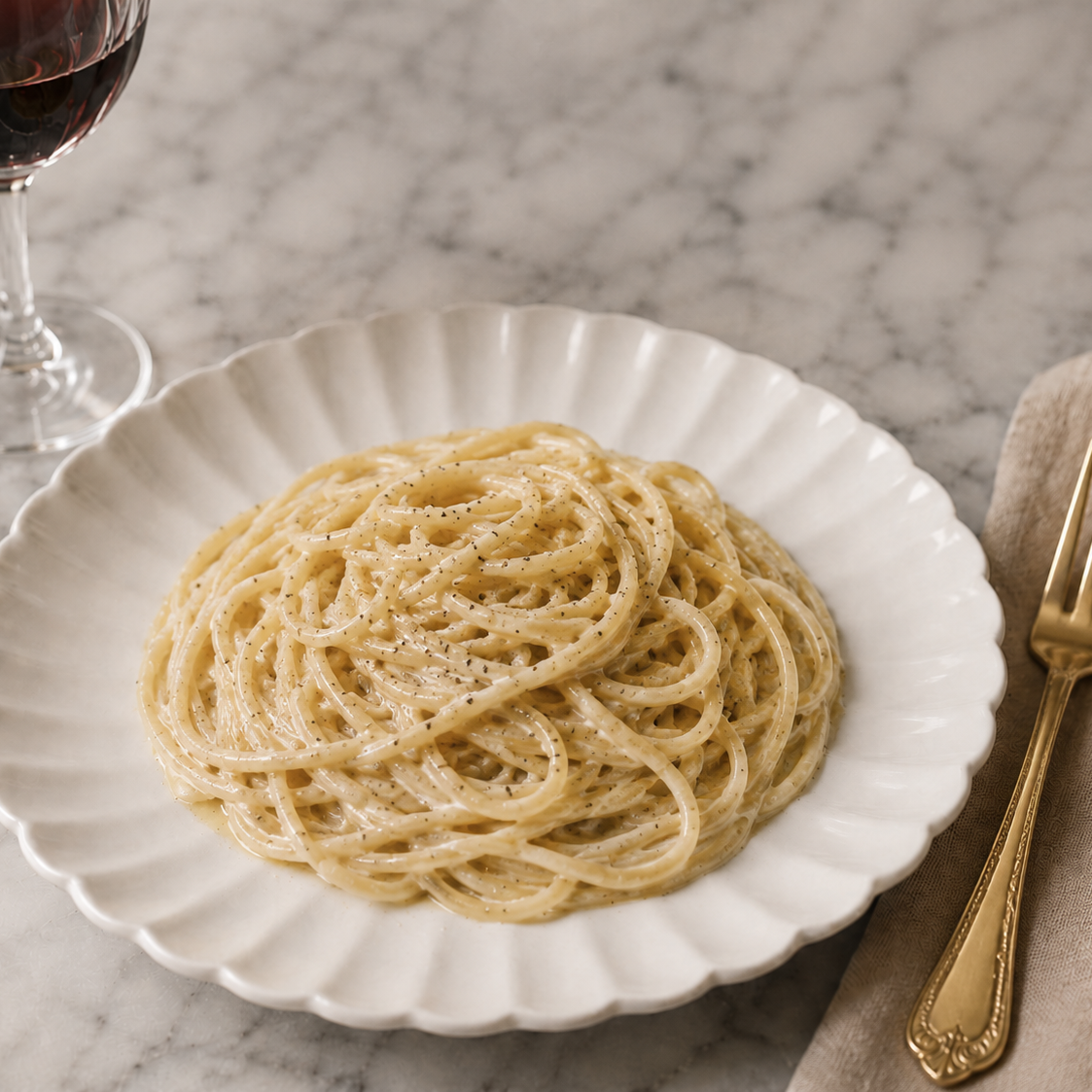 PIATTO SPAGHETTI CACIO E PEPE SU TAVOLA DI MARMO E CALICE DI VINO ROSSO, FORCHETTA, TOVAGLIOLO DI LINO CHIARO E PEPE NERO INTERO