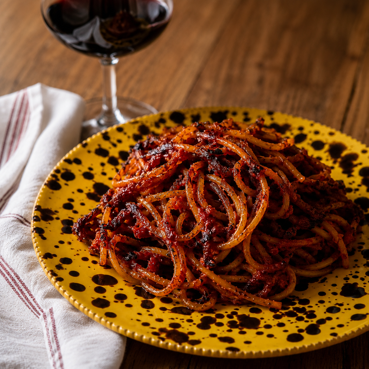 PIATTO GIALLO CON PUNTI NERI E SPAGHETTI AL POMODORO CON CALICE DI VINO ROSSO