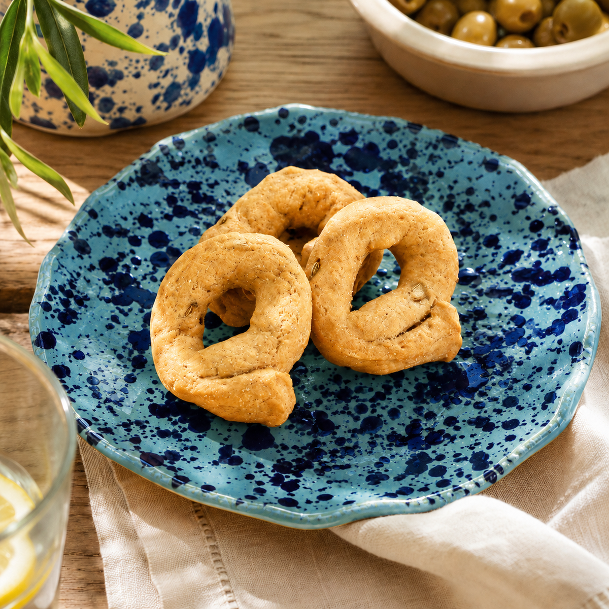 TARALLI PUGLIESI AI SEMI DI FINOCCHIO SU PIATTINO DI TERRACOTTA BLU CON POIS BLU SCURI SU TAVOLA DI LEGNO GREZZO E TOVAGLIOLO DI LINO
