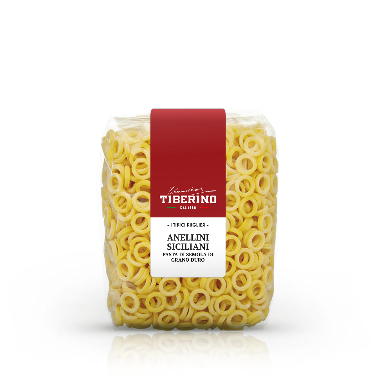 Confezione trasparente di pasta Anellini Siciliani Tiberino 1888, pasta di semola di grano duro, con etichetta rossa e bianca.