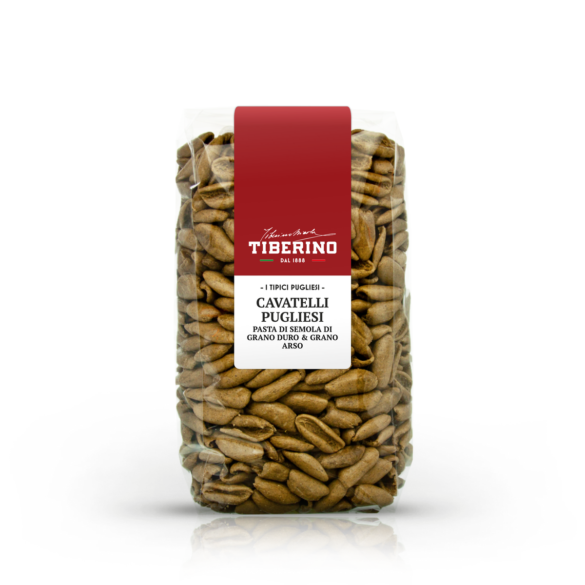 Confezione trasparente di Cavatelli Pugliesi Tiberino 1888, pasta di semola di grano duro e grano arso.
