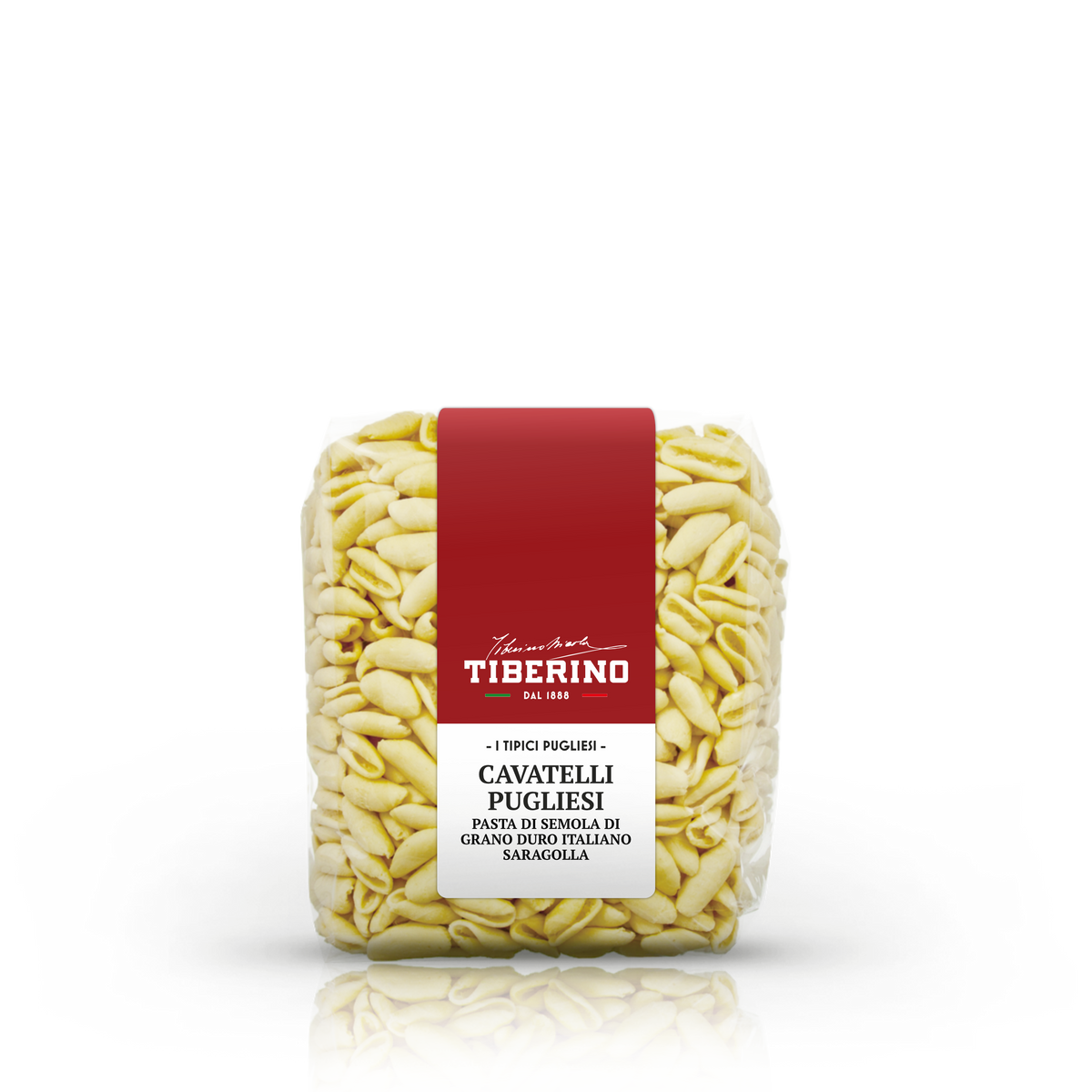 Confezione trasparente di Cavatelli Pugliesi Tiberino 1888, pasta di semola di grano duro italiano Saragolla, con etichetta rossa e beige.