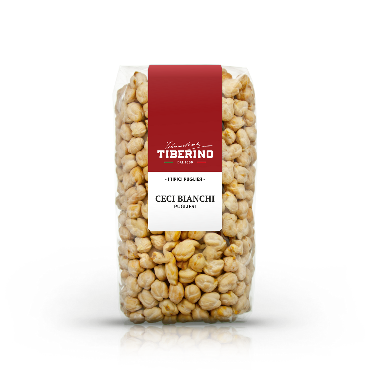 Sacchetto trasparente di Ceci Bianchi Pugliesi Tiberino 1888 con etichetta rossa e bianca.