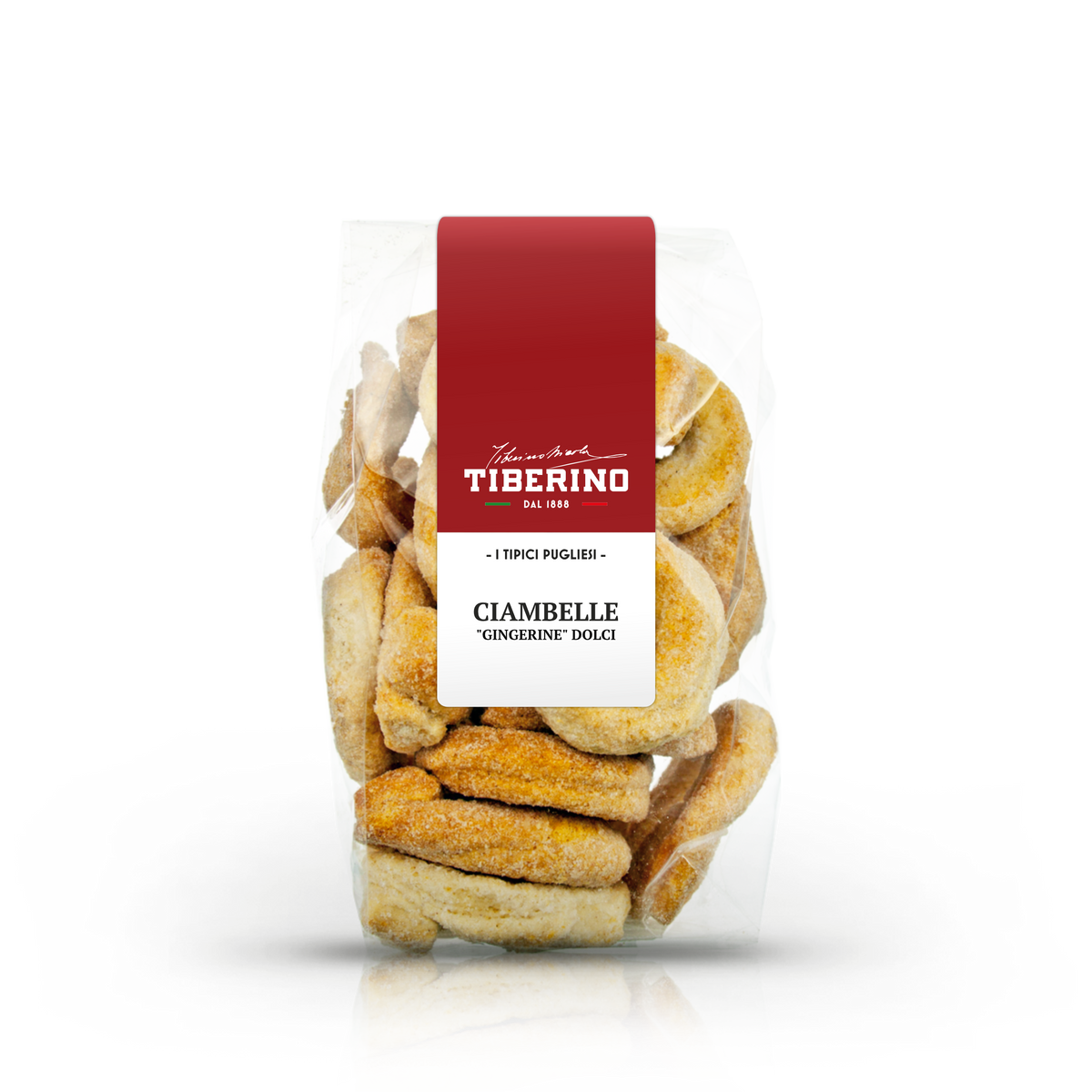 Confezione trasparente di ciambelle dolci "Gingerine" Tiberino 1888 con etichetta rossa e testo bianco.
