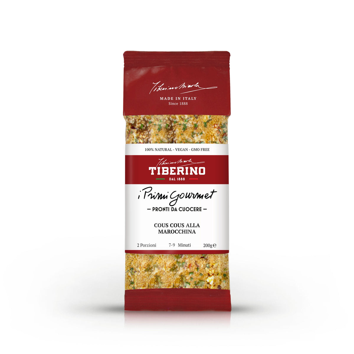 Confezione rossa opaca di Couscous alla Marocchina Tiberino 1888, 200g, con finestra trasparente che mostra il couscous secco.