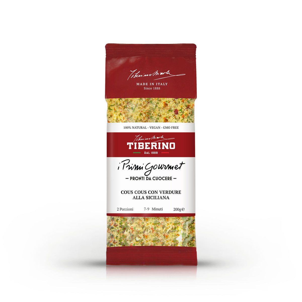 Confezione rossa e bianca di Tiberino 1888 Primi Gourmet Cous Cous con Verdure alla Siciliana, 200g, 2 porzioni.