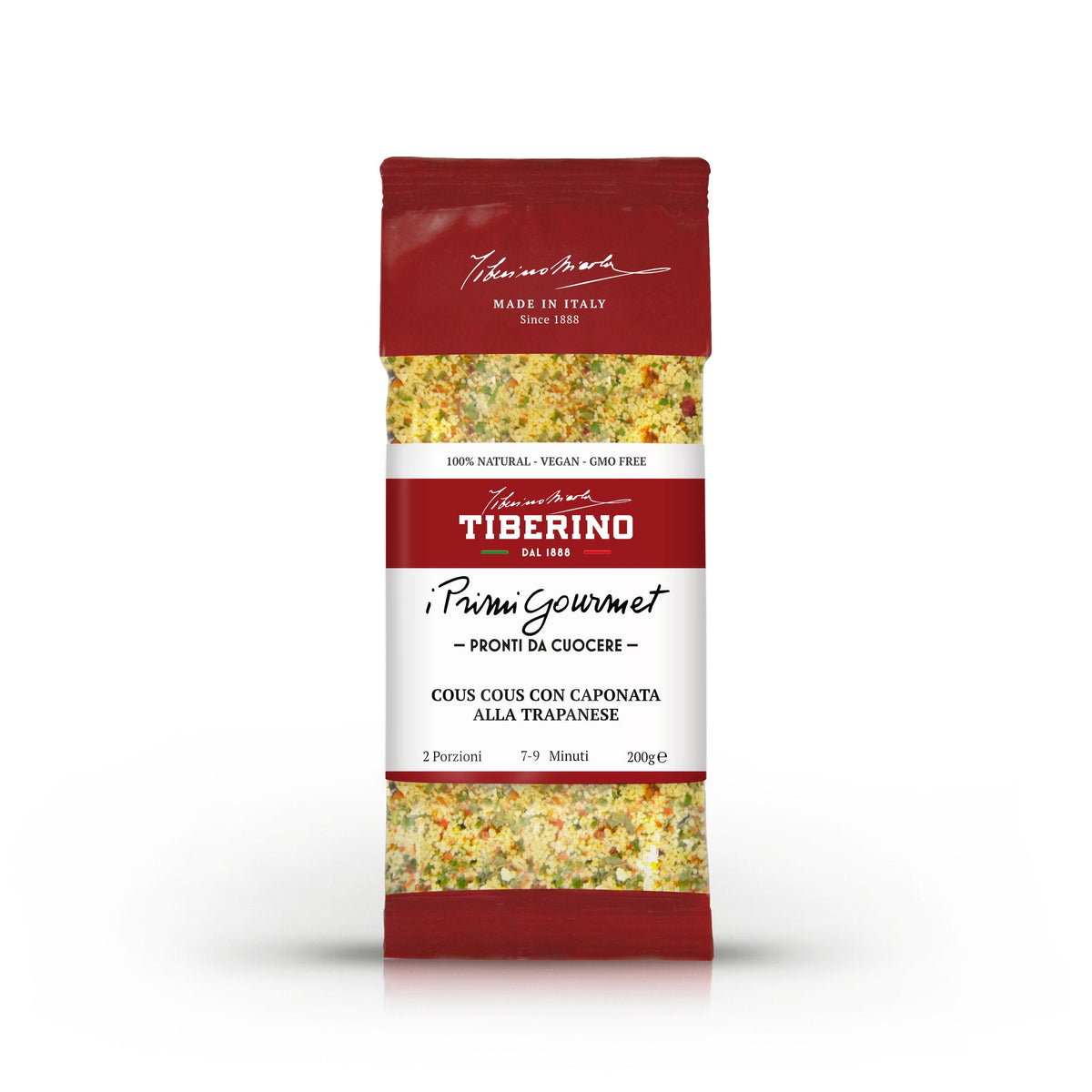 Confezione rossa opaca di couscous Tiberino 1888 con caponata alla Trapanese, 200g, pronta da cuocere.
