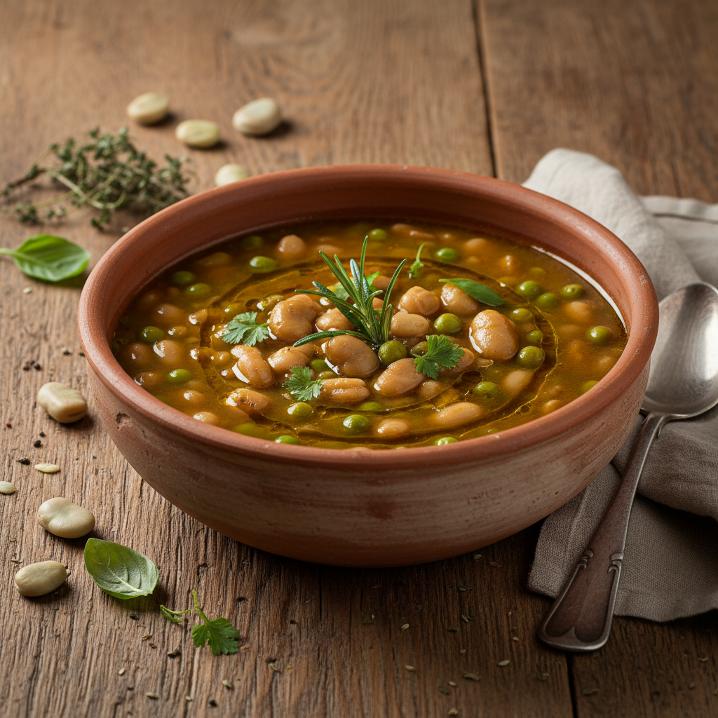 Zuppa Crapiata di legumi con farro, fagioli, fave, patate e piselli in ciotola di terracotta su legno.