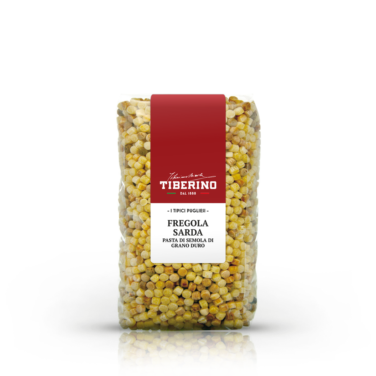 Confezione trasparente di Fregola Sarda Tiberino 1888, pasta di semola di grano duro, con etichetta rossa e bianca.