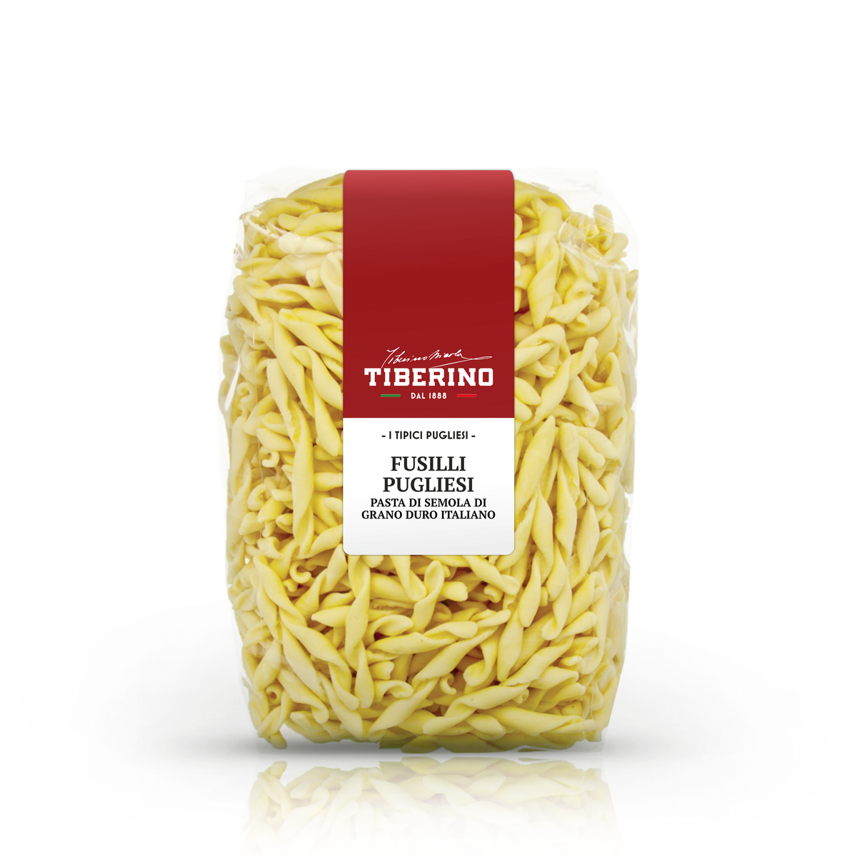 Confezione trasparente di Fusilli Pugliesi Tiberino 1888, pasta di semola di grano duro italiano, con etichetta rossa e bianca.