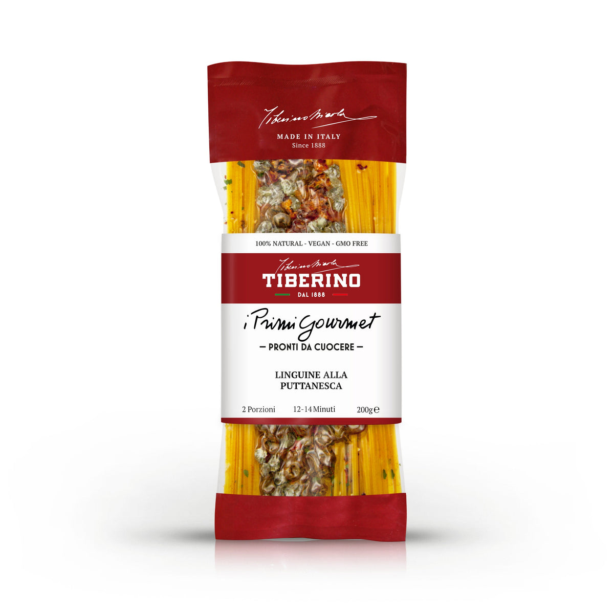 Confezione verticale di Linguine alla Puttanesca Tiberino 1888, 200g, con pasta gialla e condimento visibile, etichetta rossa.