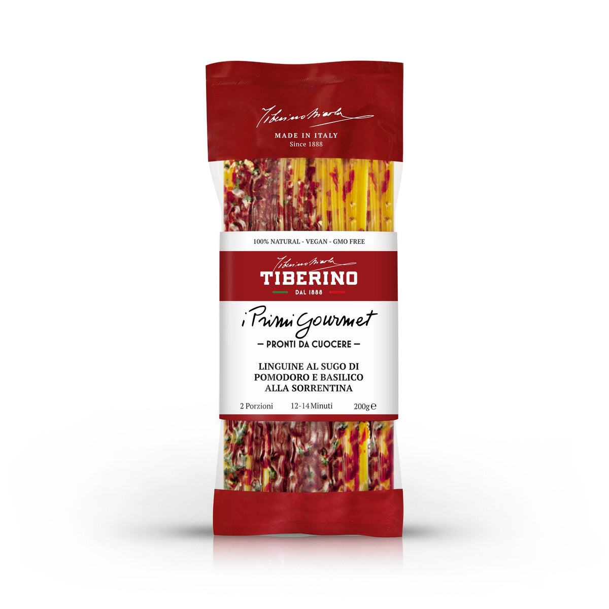 Confezione rossa e trasparente di Linguine al Sugo di Pomodoro e Basilico alla Sorrentina Tiberino 1888, 200g.