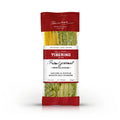 Confezione trasparente di Linguine al Pesto di Basilico alla Genovese, con pasta gialla e verde, bordi rossi e logo Tiberino 1888.